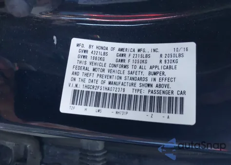 2017 Honda Accord Sport from USA, damaged, VIN 1HGCR2F51HA072379